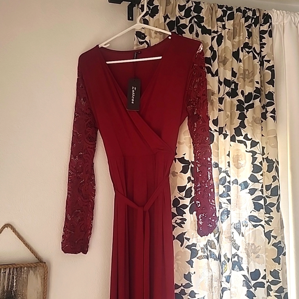 Zacattas vintage floral lace long sleeve v neck long maxi dress